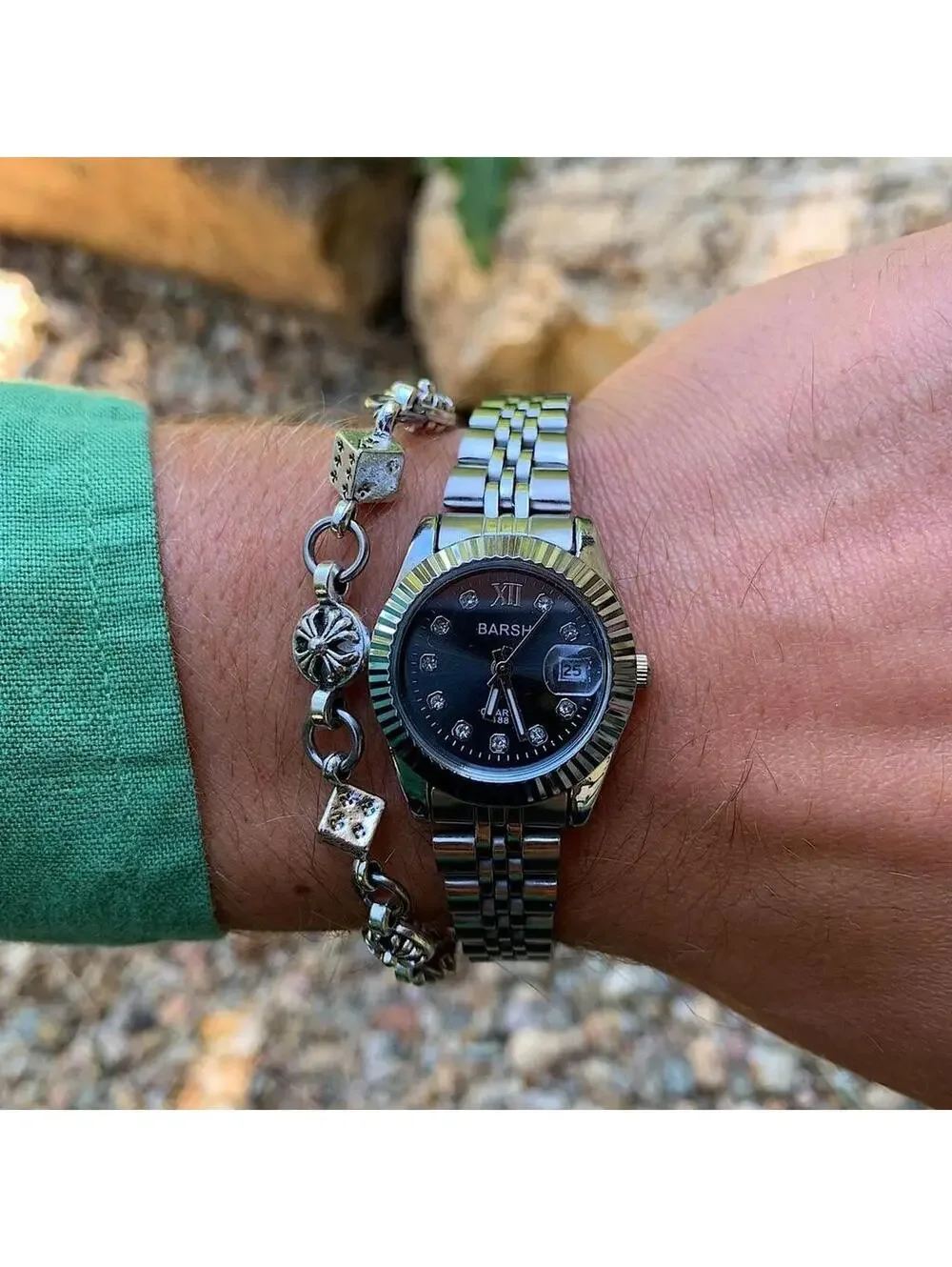 Classy Y2K Style Silver and Black Watch with Diamond Accents